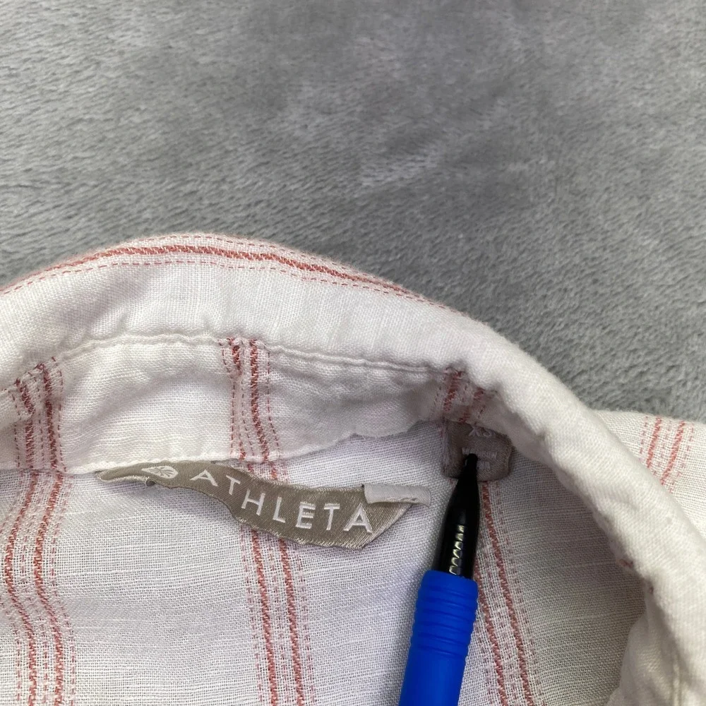 Athleta Anguilla Striped Linen Button Down Shirt‎ Womens XS S/S White Pink